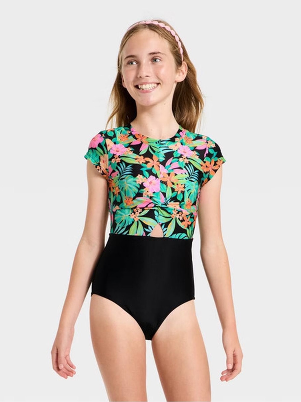 Cat & Jack Girls' Short Sleeve Sunset Tropics One Piece Swimsuit. Size L 10 - 12